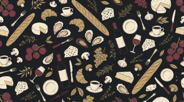 Seamless pattern of French cuisine with baguette, wine, cheese, croissant, coffee and grapes vector illustration on dark background