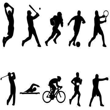 Sports Athletes Silhouette Vector Set - Basketball, Soccer, Baseball, Golf, Tennis, Cycling, Swimming, Boxing, Football