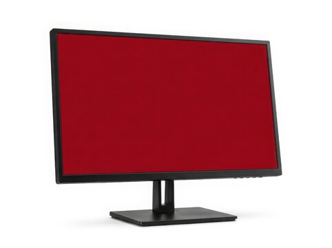 Angled view of a modern computer monitor with a solid red screen isolated on white background