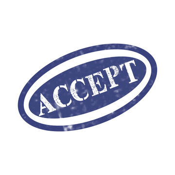 Blue oval rubber stamp with the word accept inside featuring a weathered grunge texture for document marking