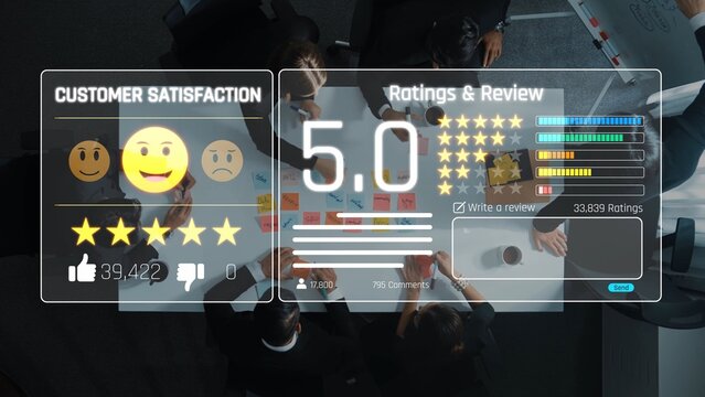 This image depicts a business team analyzing customer satisfaction metrics, showcasing ratings, reviews, and emoji feedback in a modern office setting. Raster