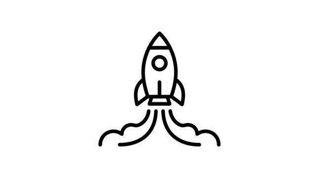 Simple black line art rocket ship launching.