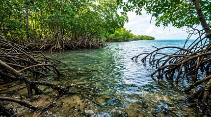 Obraz premium Tropical mangrove forest with tangled prop roots | Clear turquoise water along a coastal ecosystem | Biodiversity in a saltwater swamp environment | Natural habitat for marine life in coastal wetlands
