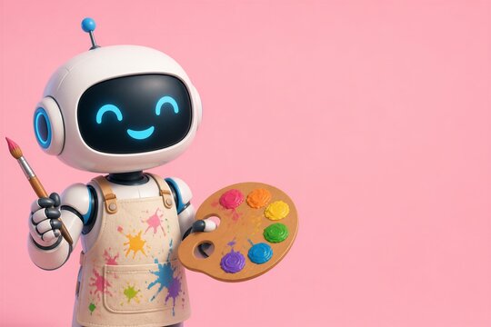 Cute robot painting with palette against pink studio background