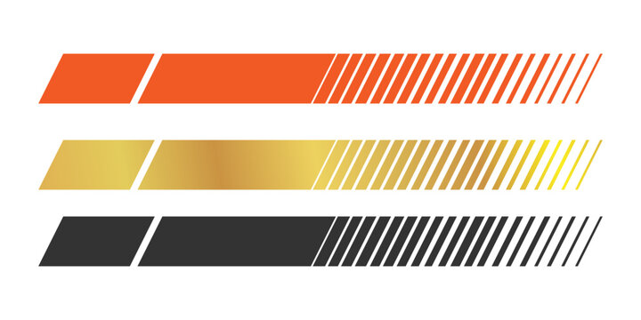 Vector speed stripes and progress bars in orange, gold, and dark grey, with dynamic diagonal line patterns, isolated on white.