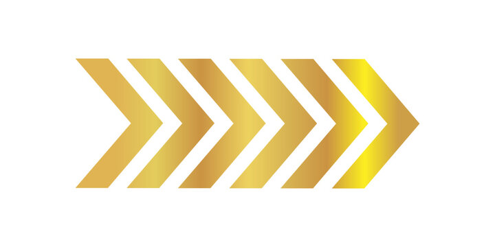 Set of golden chevron arrows pointing right, a dynamic vector graphic element for progress, direction, or speed, isolated on white.