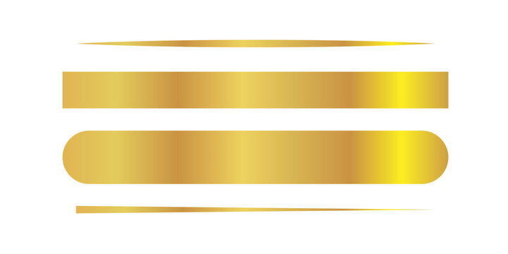 Golden vector horizontal lines and bars, varied thickness and rounded ends, ideal for elegant dividers, borders, or decorative accents, isolated on white.