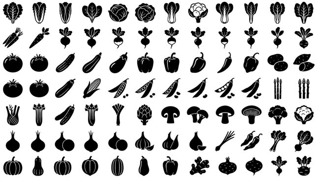 90 Solid Black Vegetable Silhouette Icons Featuring Leafy Greens, Root Crops, Peppers, Squash, Bulbs and Fresh Garden Produce