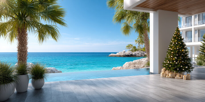 Tropical resort patio with decorated christmas tree and gifts beside an infinity pool that blends into the turquoise ocean and sandy beach for a warm holiday escape