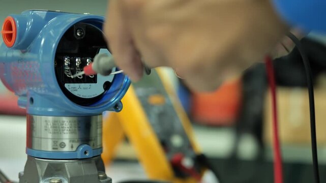 Technician inspecting and repairing an instrument transmitter by measuring electrical signals with a multimeter for accurate industrial process monitoring.