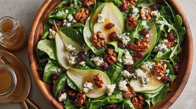 Pear, Walnut, and Blue Cheese Salad in a Wooden Bowl