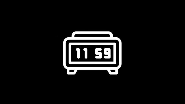 Digital alarm clock icon transitions from 11:59 to 00:00 and back