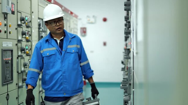 Electrical technician inspecting and testing a motor feeder starter unit to verify motor control, electrical performance, protection, and reliable operation.