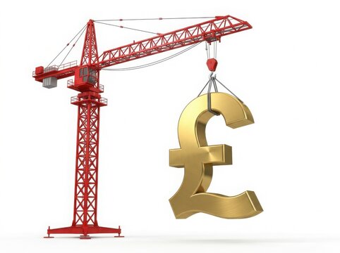 Red construction crane lifting a large golden british pound sterling symbol isolated on white background