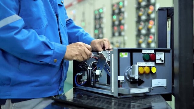 Industrial electrical engineer checking control components and power distribution equipment to diagnose faults, improve reliability, and maintain machinery.