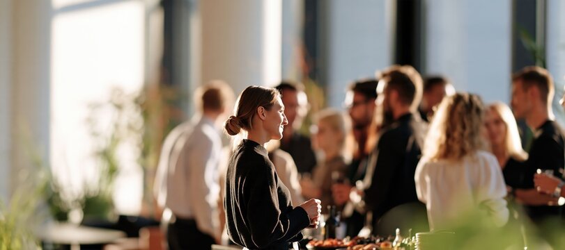 Corporate team gathering around snack table in bright autumn lounge