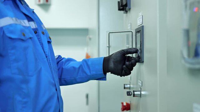 Professional engineer monitoring equipment status and machine operating data through a digital control panel in a modern industrial facility.