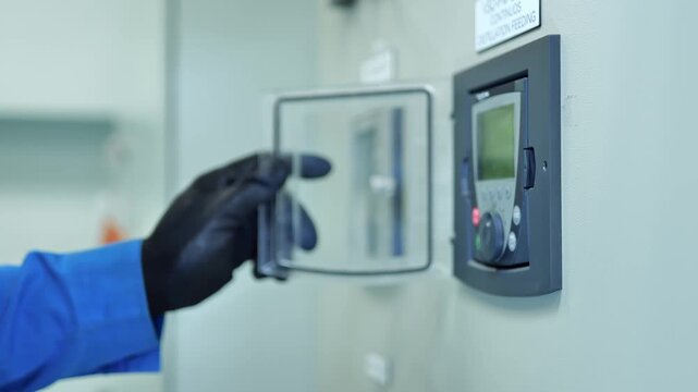 Industrial engineer checking machine performance and operating parameters on a control panel display for equipment monitoring, maintenance, and process control.