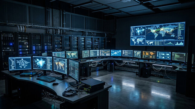 Futuristic Data Monitoring Hub with Glowing Screens in a Secure Server Room Control Center