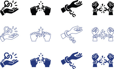 Fototapeta premium Set of icons featuring hands breaking chains and holding rings representing freedom liberation and commitment in various colors