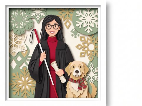 Blind female graduate holding diploma and white cane standing with loyal guide dog in paper cut frame with snowflakes, copy space