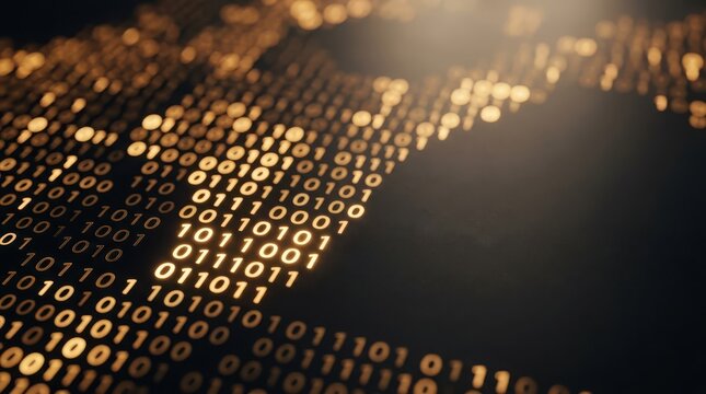 Binary code stream glowing with digital light effects on dark background
