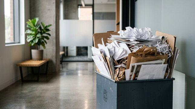 Overflowing blue recycling bin in modern office hallway | Sustainable waste management practices for businesses | Discarded office paper and cardboard for recycling