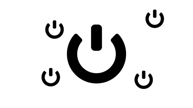 Zoom in and out animation the power button symbol. Large black symbol in the center and four small symbols around. Seamless looped 4k animation on white background