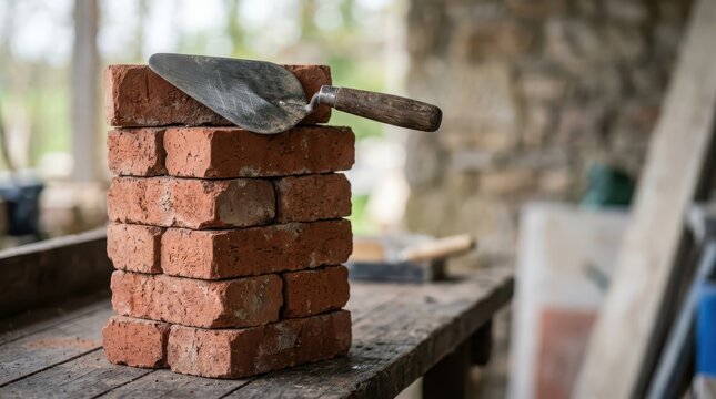 Brick Stack With Trowel On Wooden Surface Showing Masonry Tools