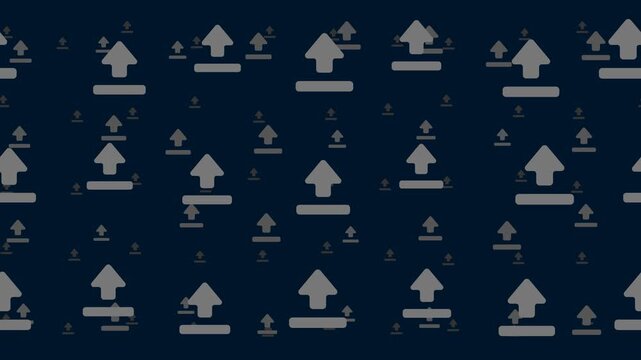 Upload symbols float horizontally from left to right. Parallax fly effect. Floating symbols are located randomly. Seamless looped 4k animation on dark blue background