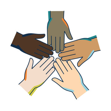 Group of diverse hands stacked together symbolizing unity teamwork and global cooperation