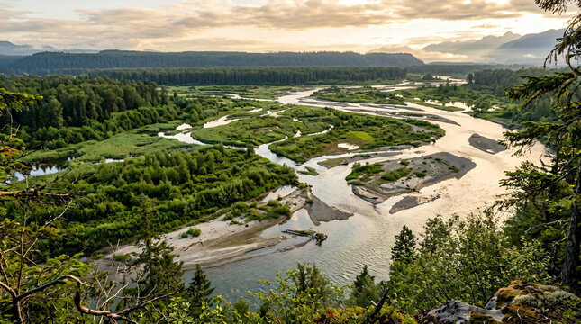 aerial view of braided river floodplain|scenic mountain landscape with river delta|untouched wilderness forest river system|aerial photography of river habitat and wetlands