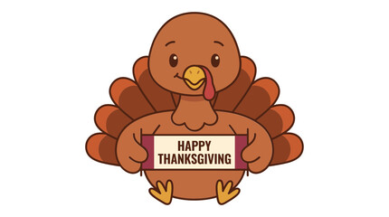 Obraz premium Cute cartoon turkey holding a sign with Happy Thanksgiving text on a white background