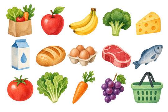 Watercolor grocery food icon collection with vegetables, fruit, dairy, bread, eggs, meat, fish and shopping basket. Colorful isolated clipart elements on transparent background.