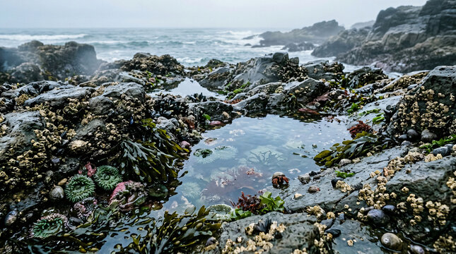 Pacific Northwest rocky tide pool habitat | Coastal intertidal zone marine life | Green sea anemones in ocean rock pool | Wild rugged seashore ecosystem