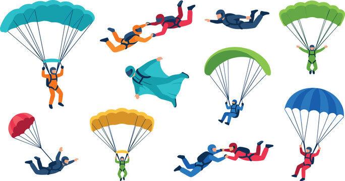 Extreme skydiving and parachuting vector illustration set featuring skydivers in wingsuits free falling and gliding with colorful parachutes