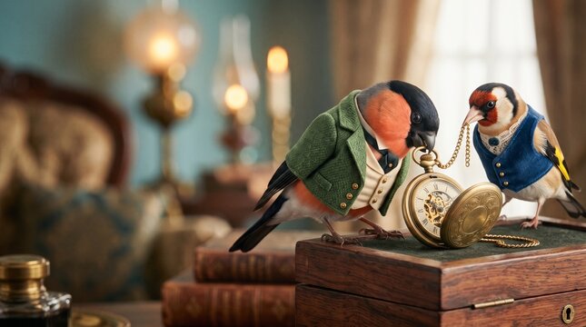 Two birds dressed in vintage clothes examining antique pocket watch on wooden box. Bullfinch and goldfinch in elegant retro outfits in classic interior.
