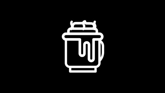 Stylized white outline of a mug with whipped cream and dripping sauce on black background