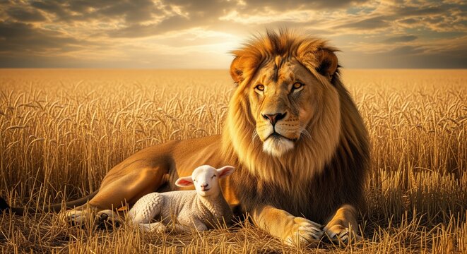 A majestic lion rests beside a gentle lamb in a golden wheat field under a warm sunset. This peaceful scene symbolizes harmony and coexistence, perfect for themes of unity and peace.