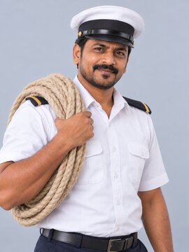 Man in Sailor Uniform Holding Thick Rope on Shoulder