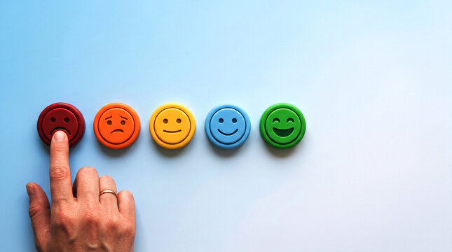 Customer finger pressing a negative red emoji button to give poor feedback and review rating.