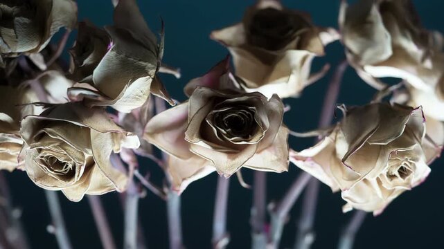 Dry Rosebud. Dry decolorized Rose buds slowly move past the camera on a sad dark blue background