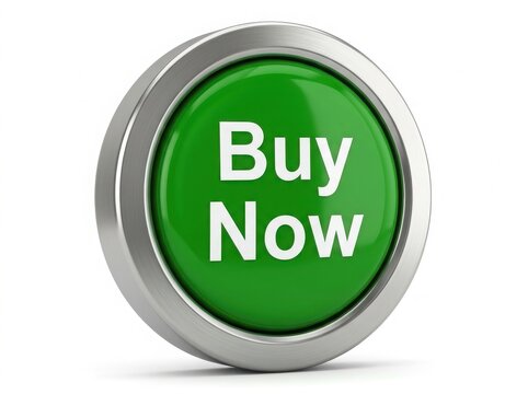 Green circular buy now button isolated on white background