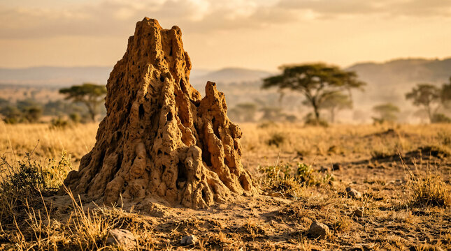 large termite mound in african savanna grassland | natural landscape of tanzania safari | termite hill architecture in dry savanna | sunset over the african wilderness plains