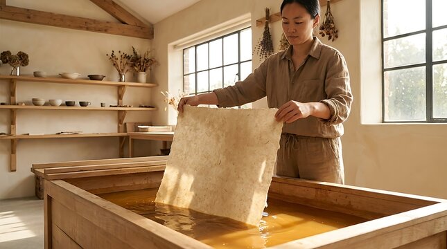 Traditional handmade paper making process, Asian woman artisan lifting wet pulp sheet from wooden vat, rustic craft studio workshop interior