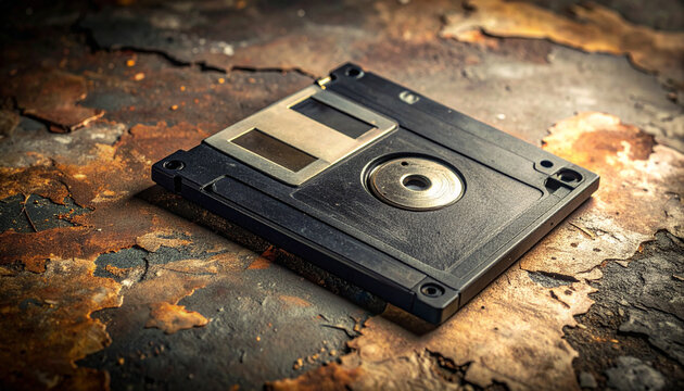 A vintage floppy disk rests on a rustic, weathered surface, no people, evoking nostalgia for past technology. A striking metaphor for data decay and obsolete digital history in a macro view.