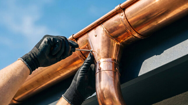 Professional copper gutter installation | Skilled contractor installing luxury home drainage | Hands-on roofing and gutter maintenance service | Premium metal gutter system assembly