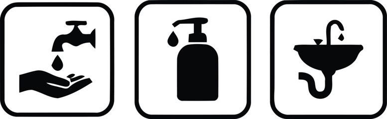 Fototapeta premium Three black silhouettes depicting hand washing soap dispenser and sink with drain against white backgrounds silhouette