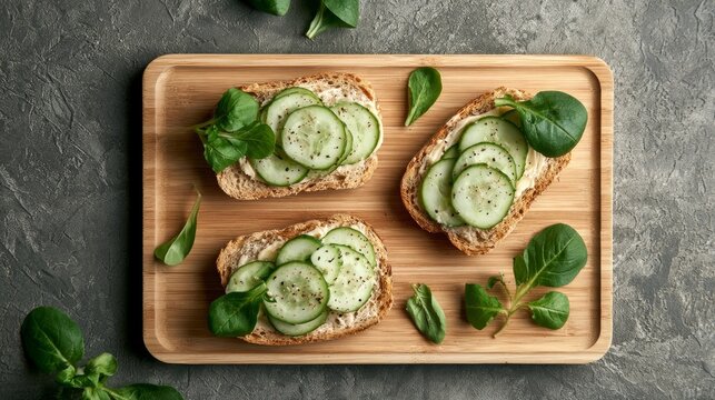 Fresh sandwiches with cucumber, butter, greens, ready to eat indoors