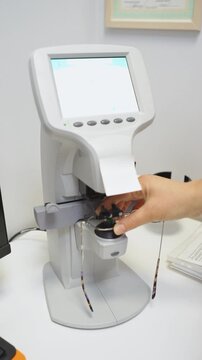 A female optician measures and selects glasses using a state-of-the-art digital device at an optical store. Glasses being checked.